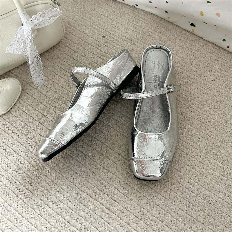 Fashion Summer Women's Cover Toe Mules Slippers Elegant Slip-On Slides Shoes Comfortable Ladies Silvery Footwear