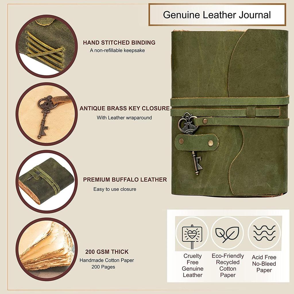 Handmade Vintage Leather Diary -Vintage Handmade Pages - Antique Key Closure - Green Color. Size 6x4 Inches