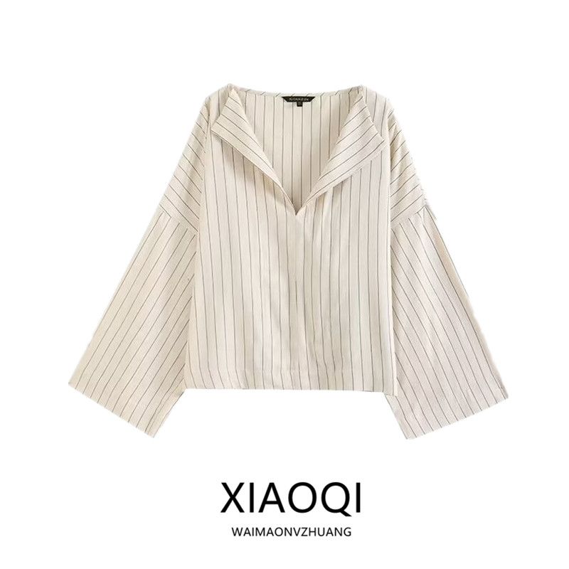 Fashion Style 2024 New Fall Women's Clothing Loose Versatile Contrast Color Stripes Linen Blended Shirt 5146664