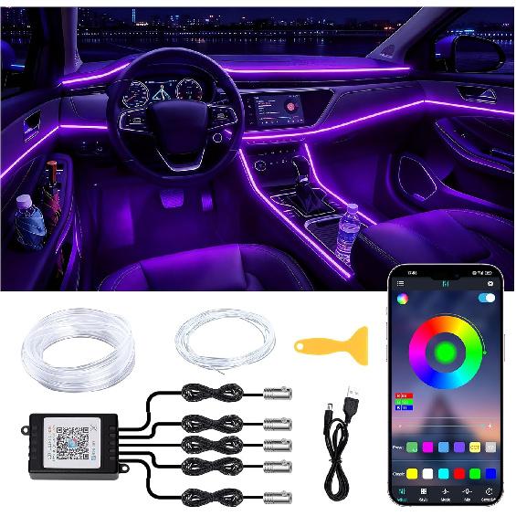 Interior Car LED Lights Wireless APP Control 5 In 1 RGB Ambient Lighting Kit With 236" Fiber Optic, 16 Million Colors Music Sync Waterproof LED Strip