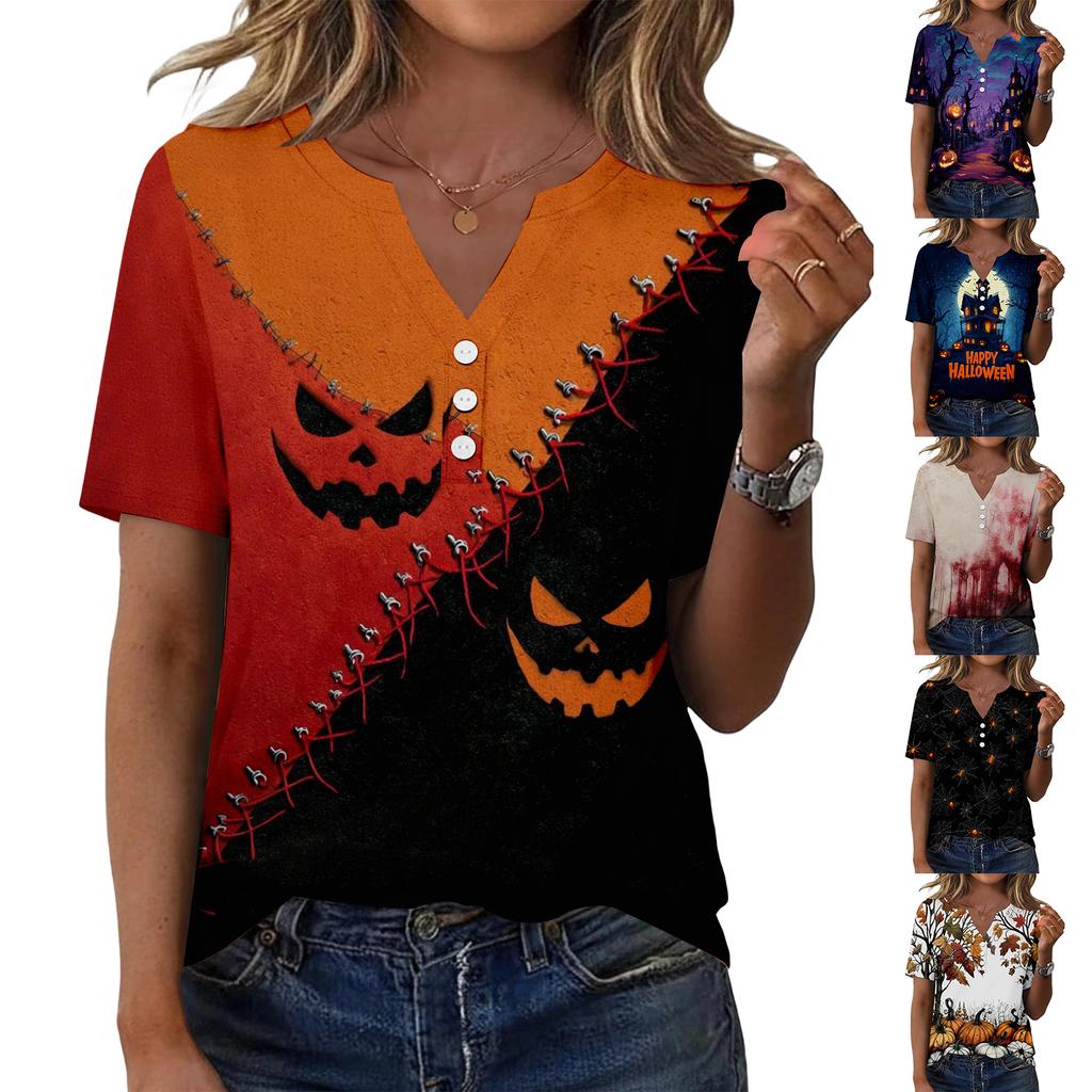 Women's Casual V Neck Short Sleeve Button T Shirt Halloween Spider Web Print Lightweight Top for Everyday Wear and Seasonal Occasions