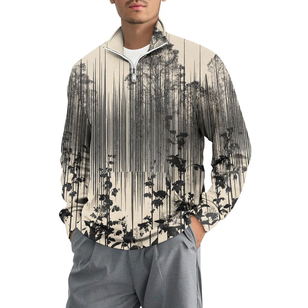 Men's Loose Casual 1/4 Zip Sweatshirt Fashion Printed Long Sleeve Top With Pockets
