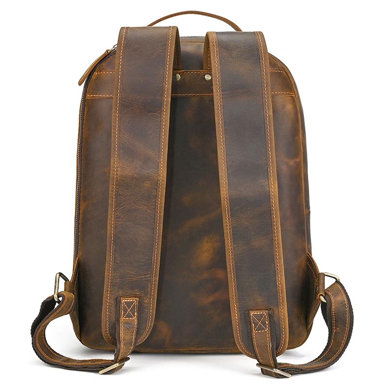 Retro Genuine Leather Backpack Men's Crazy Horse Leather Schoolbag Multifunction Daypack Leather Bag for Men