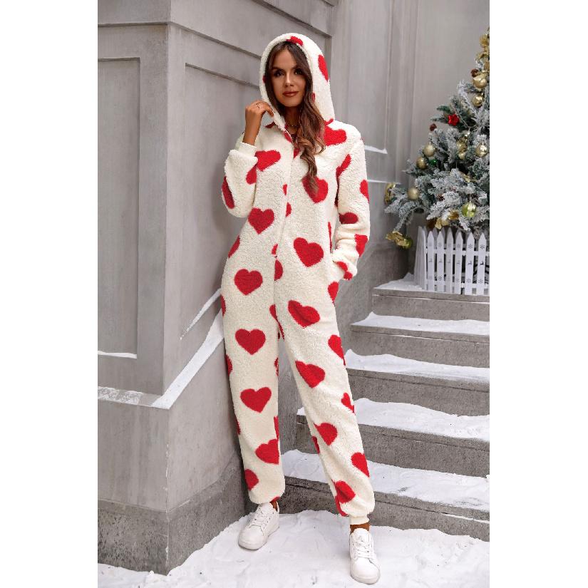 Цельный домашний костюм с капюшоном из кораллового флиса с принтом в виде сердечек, на молнии, теплый и удобный. Подходит для повседневной домашней одежды, свиданий вдвоем и ленивых, S красный