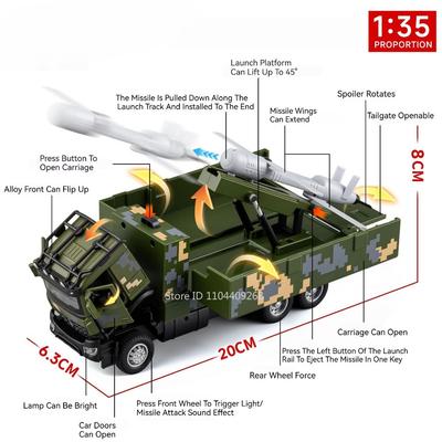 1:35 Scale FL-10A Military Missiles Model Car Toy Metal Diecast Doors Opened Sound Light Pull Back Models Best Presents for Boys