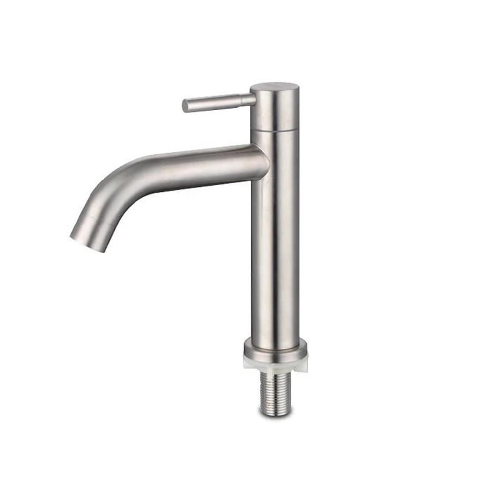 Single Cold Basin Faucet Stainless Steel Silver Sink Faucet Bathroom Counter Basin Faucet Single Lever Deck Mounted Water Tap