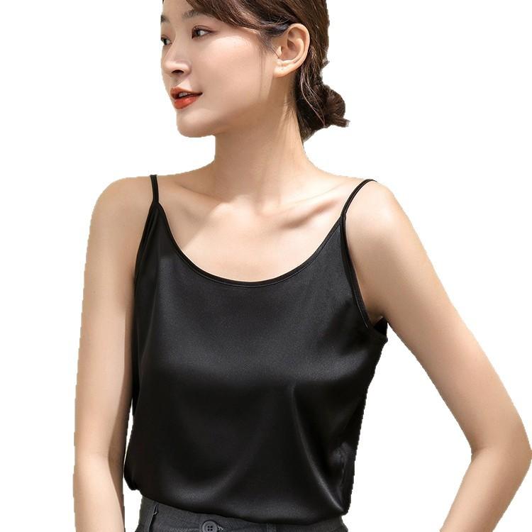 French imitation silk small suspender vest women's summer outer wear round neck inner bottoming shirt satin sleeveless top solid color simple