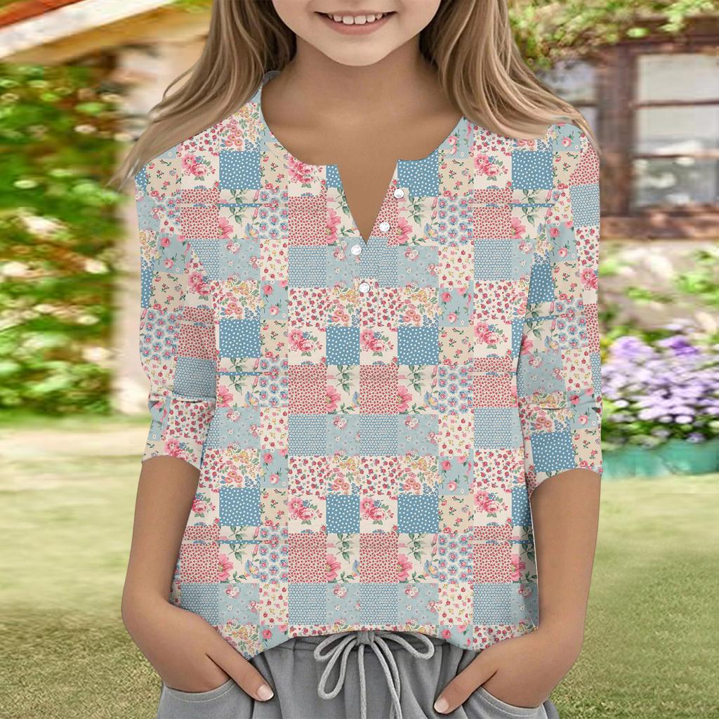 Print Tops For Youth Girls V Neck Button 3/4 Sleeves T-Shirts Trendy Tops Outfit Tees