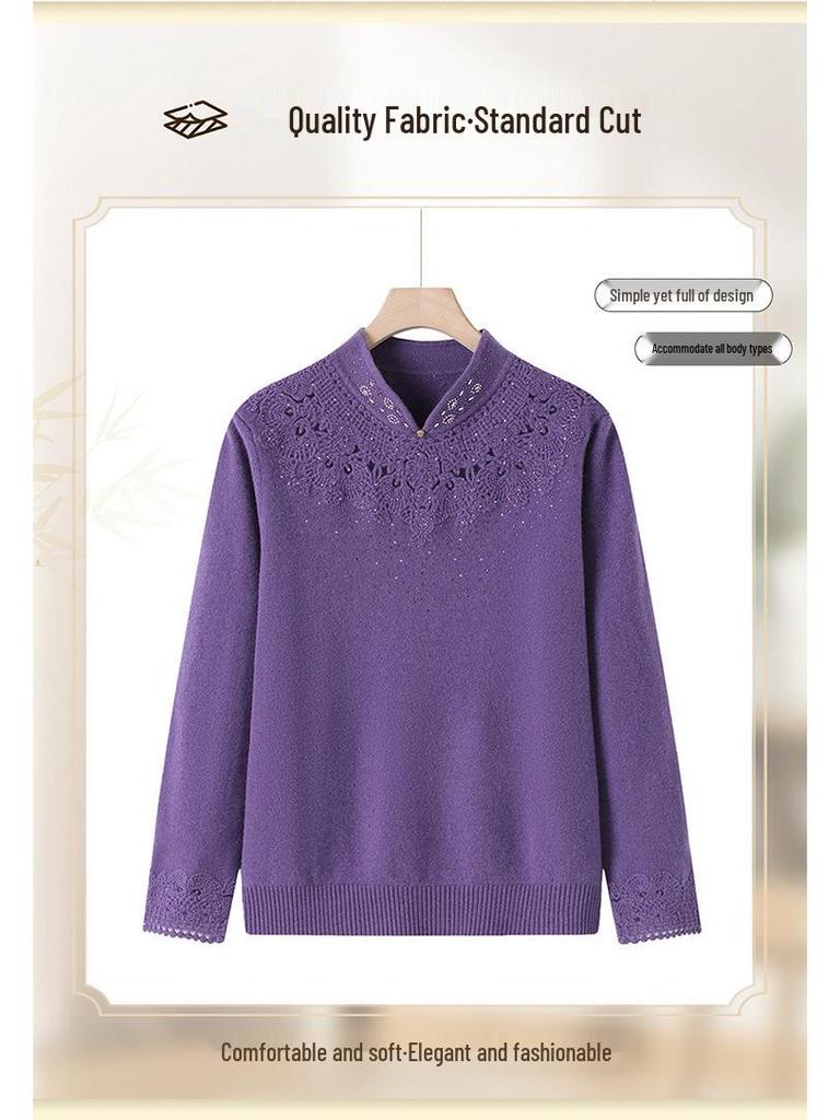 Stylish Embroidered Wool Cardigan Sweater for Middle-Aged Women - Plus Size, Solid Color, Autumn/Winter Top