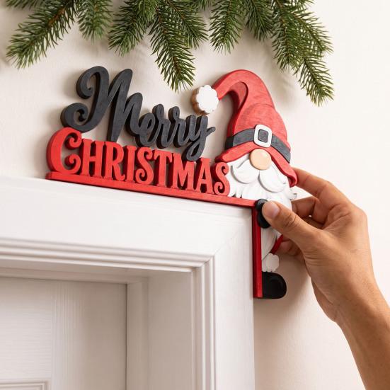 Gnome Door Frame Decoration Christmas Wooden Corner Decor, Festive Gnome/Gingerbread House/Letter Sign, No Holiday Ornament Drill Topper for