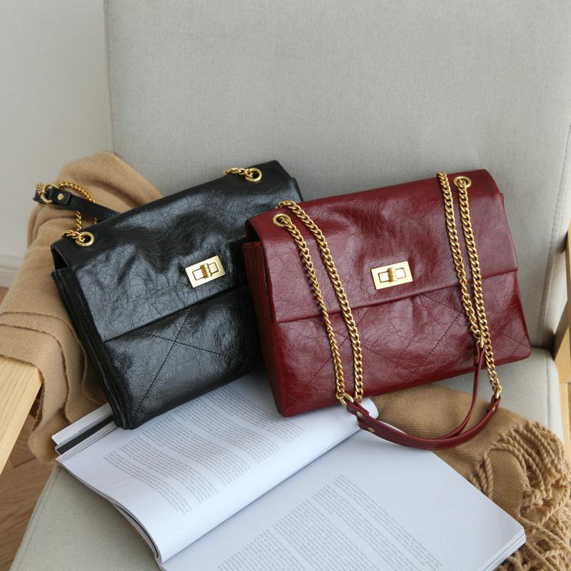 

Женская сумка через плечо из натуральной кожи, женская сумка через плечо с масляной кожей и ромбовидной решеткой, модная сумка-мессенджер с цепочкой для женщин, винно-красная