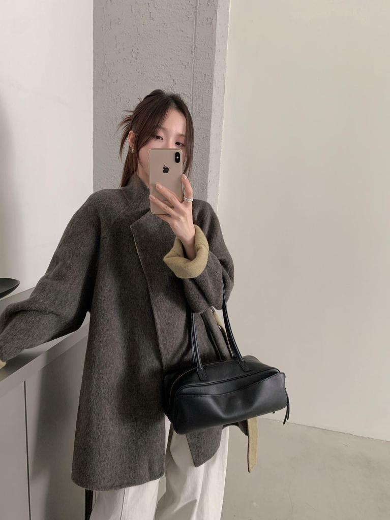 Fairy Tale Autumn/Winter Korean Style Lace-up Waist Cinching Color-block Stand Collar Double-sided Wool Coat for Women