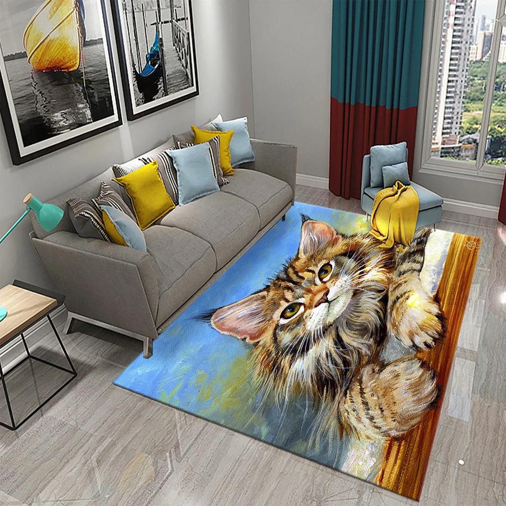 Cute Cat Oil Painting Carpet Bathroom Modern Non-slip Door Mat Kitchen Home Living Room Bedroom Funny Kitty Decor Floor Area Mat