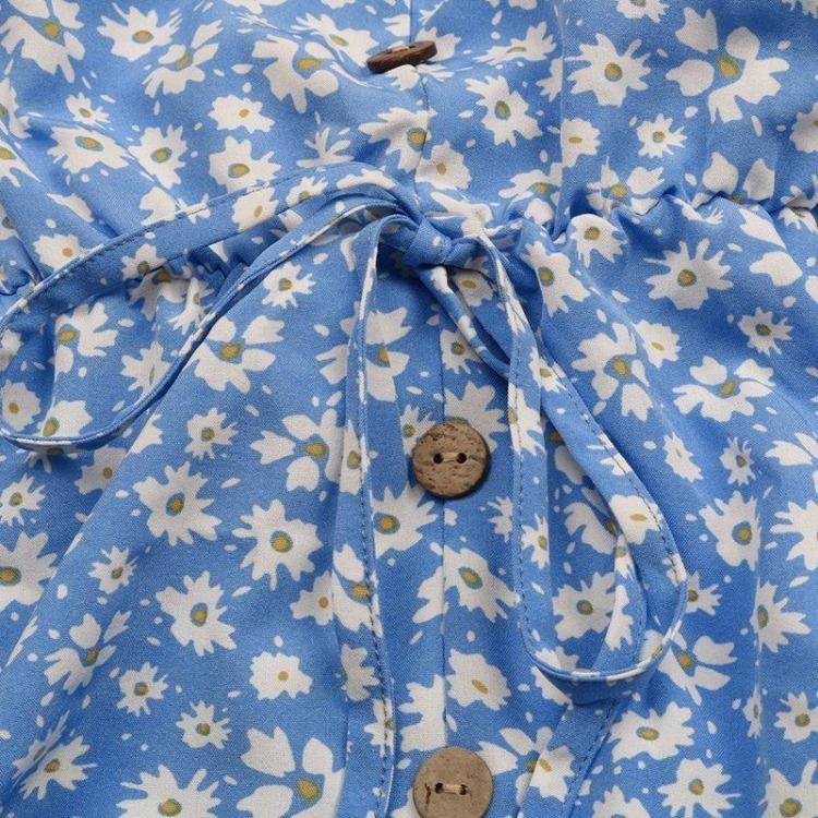 Floral Print High Waist V Neck Dress with Irregular Flying Sleeve for Women