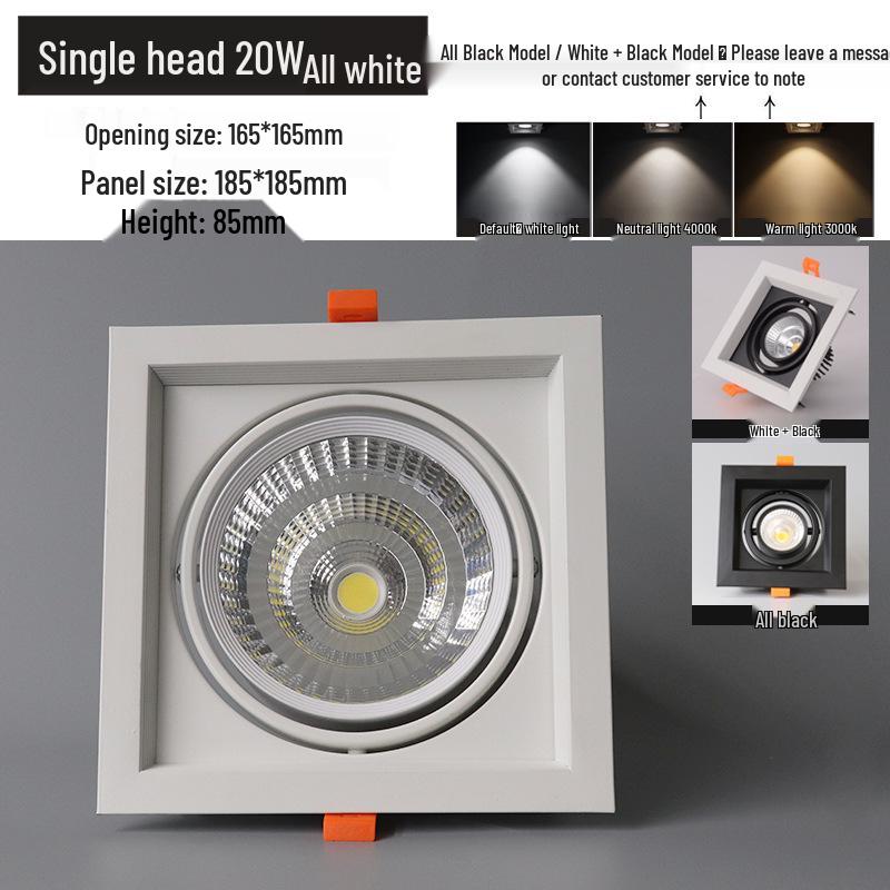 LED Double Head Spotlight: Embedded Grille, Single or Triple Head, Square Cylinder Design - Ideal for Living Room or Commercial Spaces.