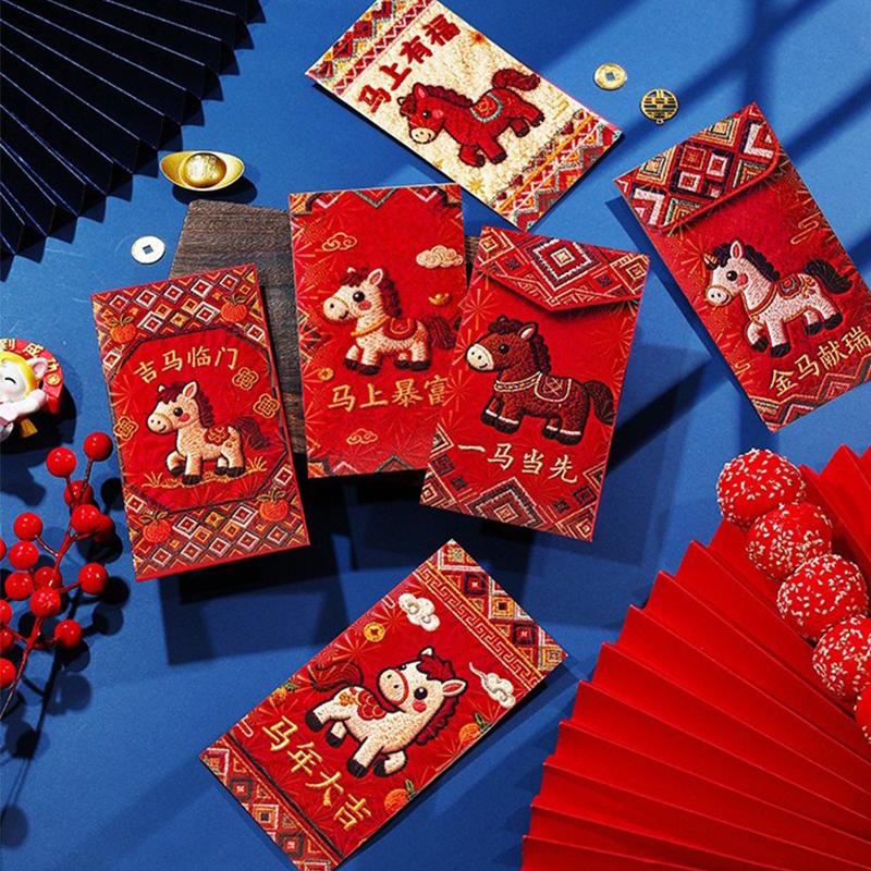 6 Pcs New Year Red Envelope 2026 Chinese Spring Festival Hongbao Traditional Lucky Money Packets Horse Year Money Pouch Decor