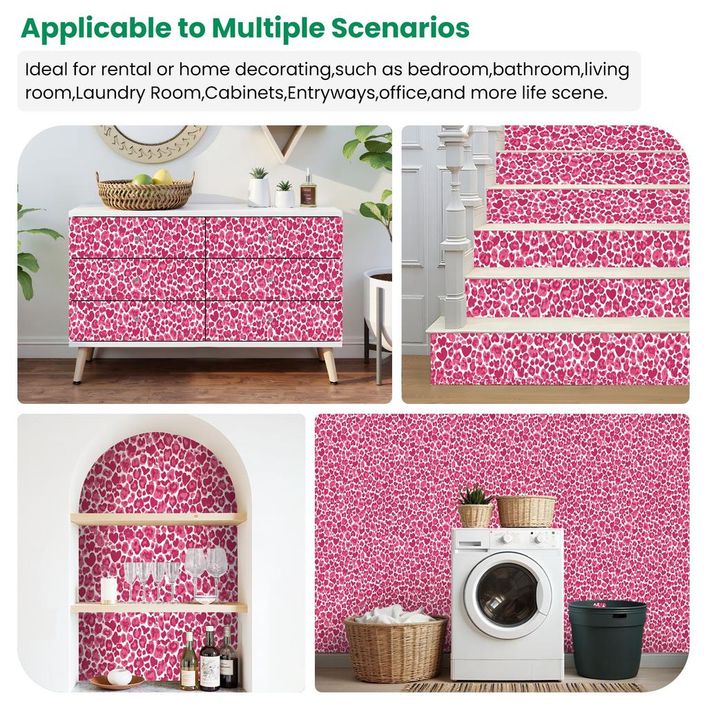 Pink Leopard Heart Spots Wallpaper 22.83"X118" Waterproof Wallpaper for Living Room/Bedroom/Bathroom PVC Wall Sticker