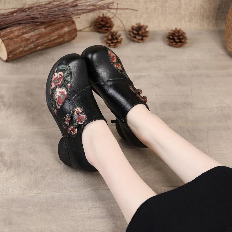 Gemütliche Retro Floral Low Heels Klassische Pumps Damen Vintage Echtleder Schuhe Damen Handgemachte Bohemia Pumps Schuhe Schwarze Absätze