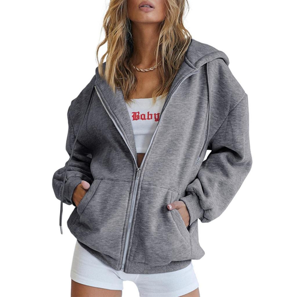 Women's Zip Up Hooded Sweatshirt Jacket Loose Fit Casual Solid Color Long Sleeve Outerwear