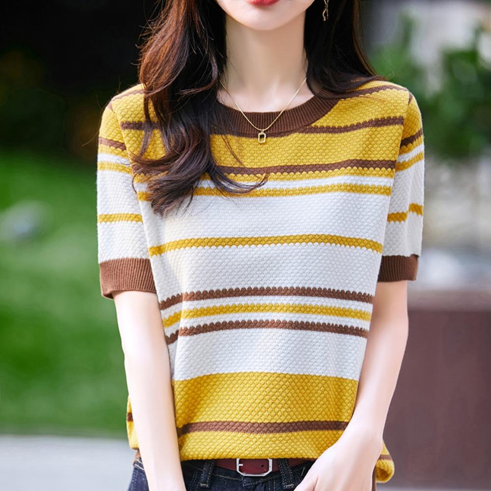 Women s T-shirt Summer New Short-sleeved Striped Knitted Fashion Round Neck Women s Blouse Loose Soft Pullover M
