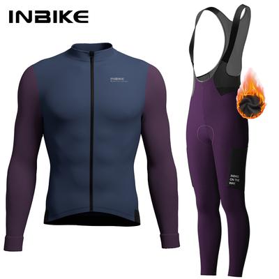 INBIKE Winter Cycling Clothing for Men Fleece Cycling Sets Long Sleeve Jersey with Pockets Long Bicycle Bib Pants for Road Bikes