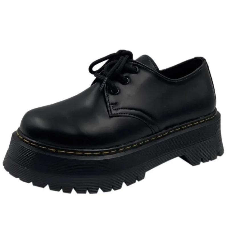 Loafers Dikke Zool Retro Zwarte Leren Schoenen Dames Herfst Lente College Stijl Veterschoenen