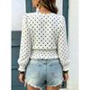 Loose V Neck Polka Dot Print Long Sleeve Casual Women T Shirt