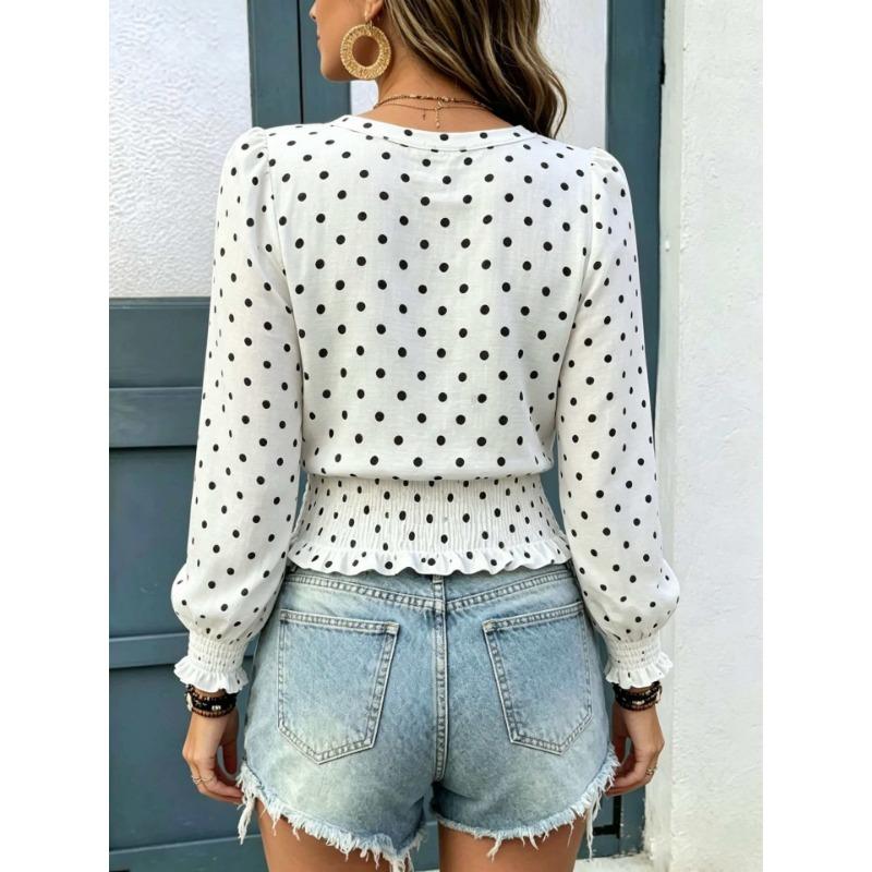 Loose V Neck Polka Dot Print Long Sleeve Casual Women T Shirt