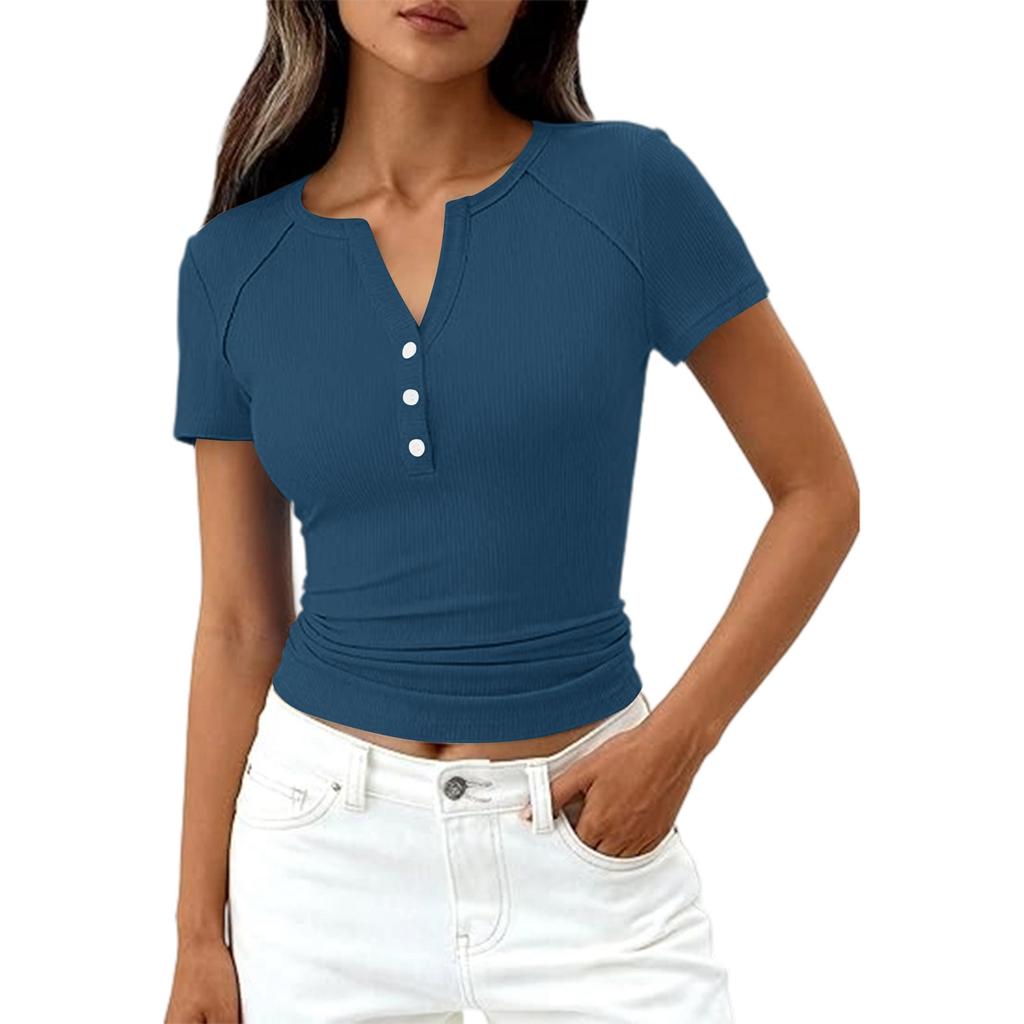 Damenmode Lässig Farbe Neu Kurzarm Dekorative Knöpfe V-Ausschnitt T-Shirt Top