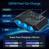 120W Car Charger 7-in-1 Car Splitter with Switches USB PD Ports LED Voltage Display External Fuse Installation.