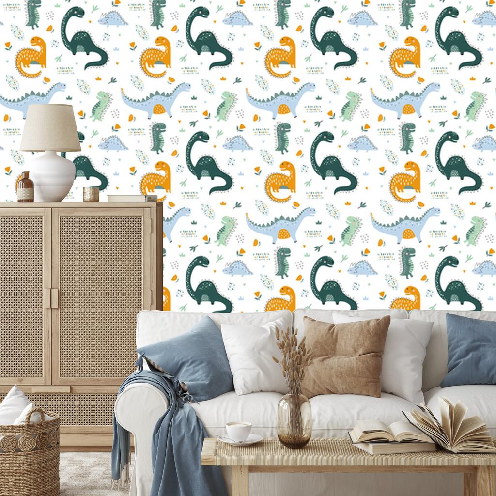 Dinosaurs Leaves and Flowers Wallpaper for Living Room and Bedroom 50x1000