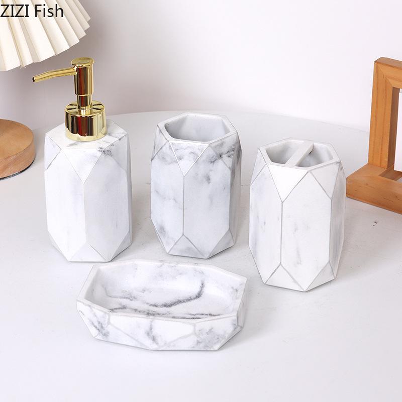 Marble Texture Bathroom 4pcs Set Hand Sanitizer Bottle Cup Toothbrush Holder Soap Dish Household Soap Dispenser Lotion Bottle