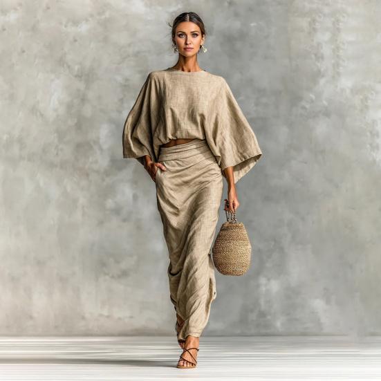 Summer 2 Piece Skirt Sets for Women Batwing Long Sleeve Top