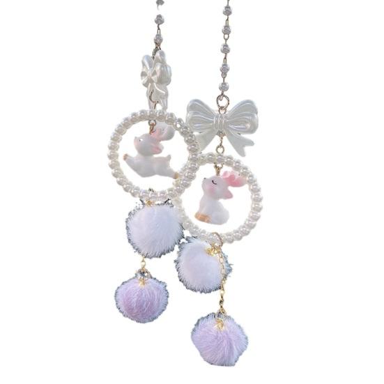 

Car Rearview Mirror Ornament Cute Faux Pearl Bow Pom Pom Car Charm Safe Driving Accessory Gift for Drivers A