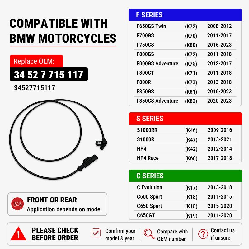 Motorcycle ABS Wheel Speed Sensor for BMW S1000RR S1000R F700GS F800GS F850GS 34527715117 Front Rear Wheel Speed Sensor