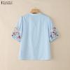 ZANZEA Women Casual V-Neck Summer Short Sleeve Embroidery Stripe Blouse