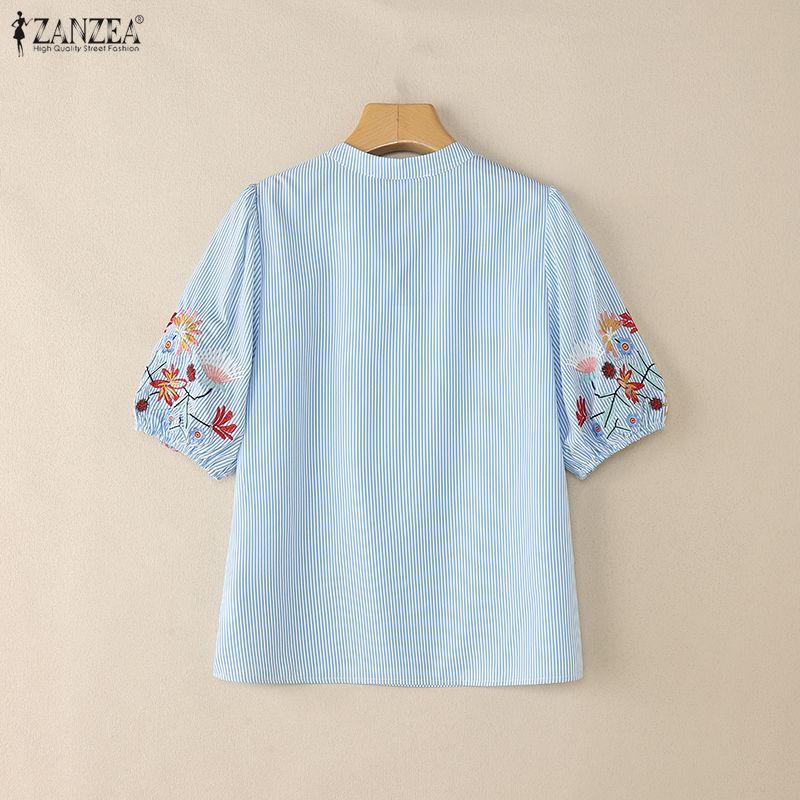 ZANZEA Women Casual V-Neck Summer Short Sleeve Embroidery Stripe Blouse