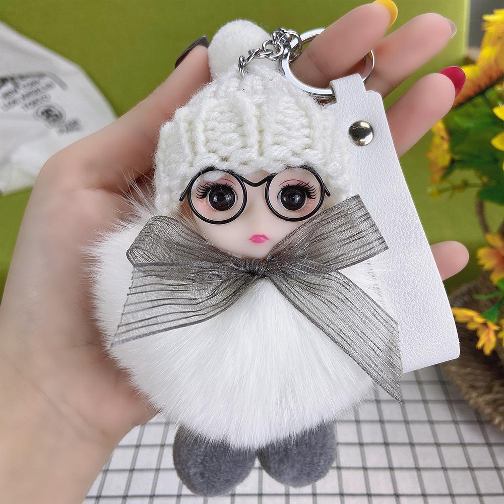 Pompom Sleeping Doll Keychain Cute Fluffy Plush Doll Keychains Women Girl Bags Keyrings Cars Key Ring Gift Charming Decoration