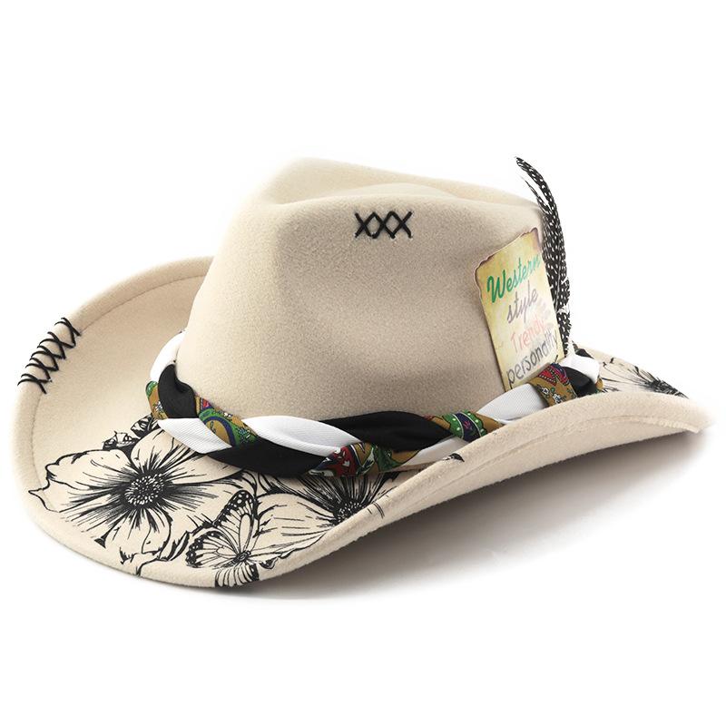 Western Cowboy Hat Floral Print Brim Braided Band Feather Decor Vintage Wide Brim Fedora Hat 56-58cm