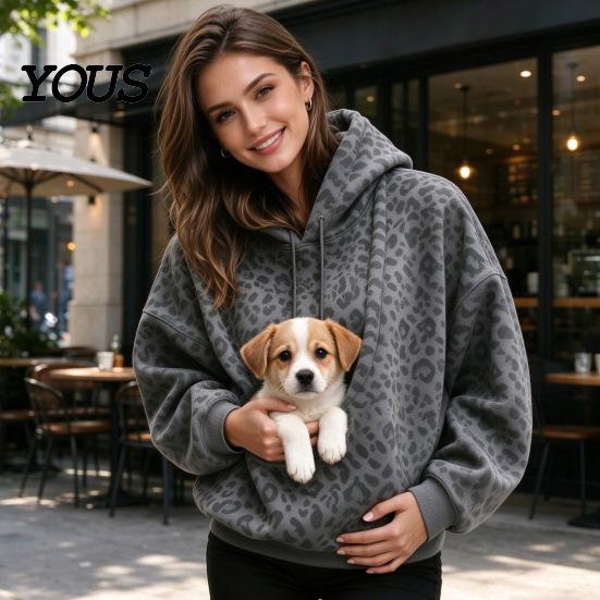 Women Oversized Hoodie Leopard Print Pet Carrier for Women, Hooded Sweatshirt Dog Hands Free & Cat Carrying, Long Sleeve Pullover Top with