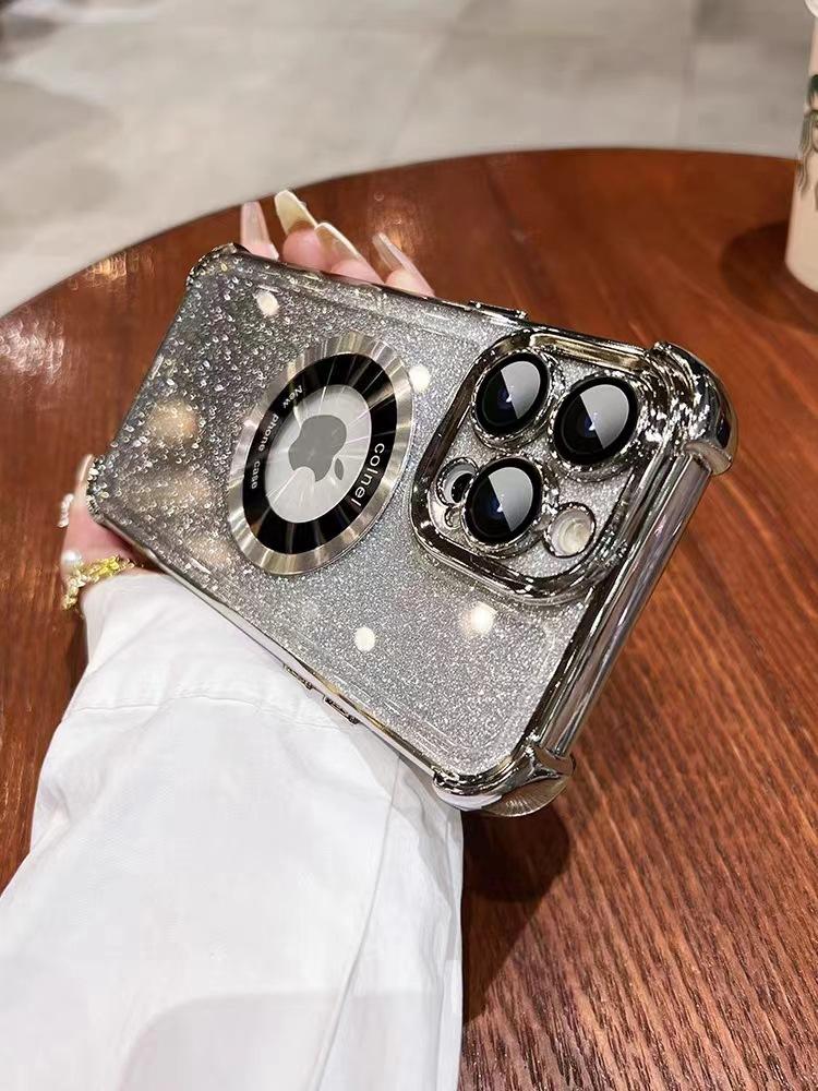 Applicable To IPhone16E Electroplated Four-angle Lens Film Mobile Phone Case Apple 15PRO Flash Powder Magnetic Bracket Protection Case