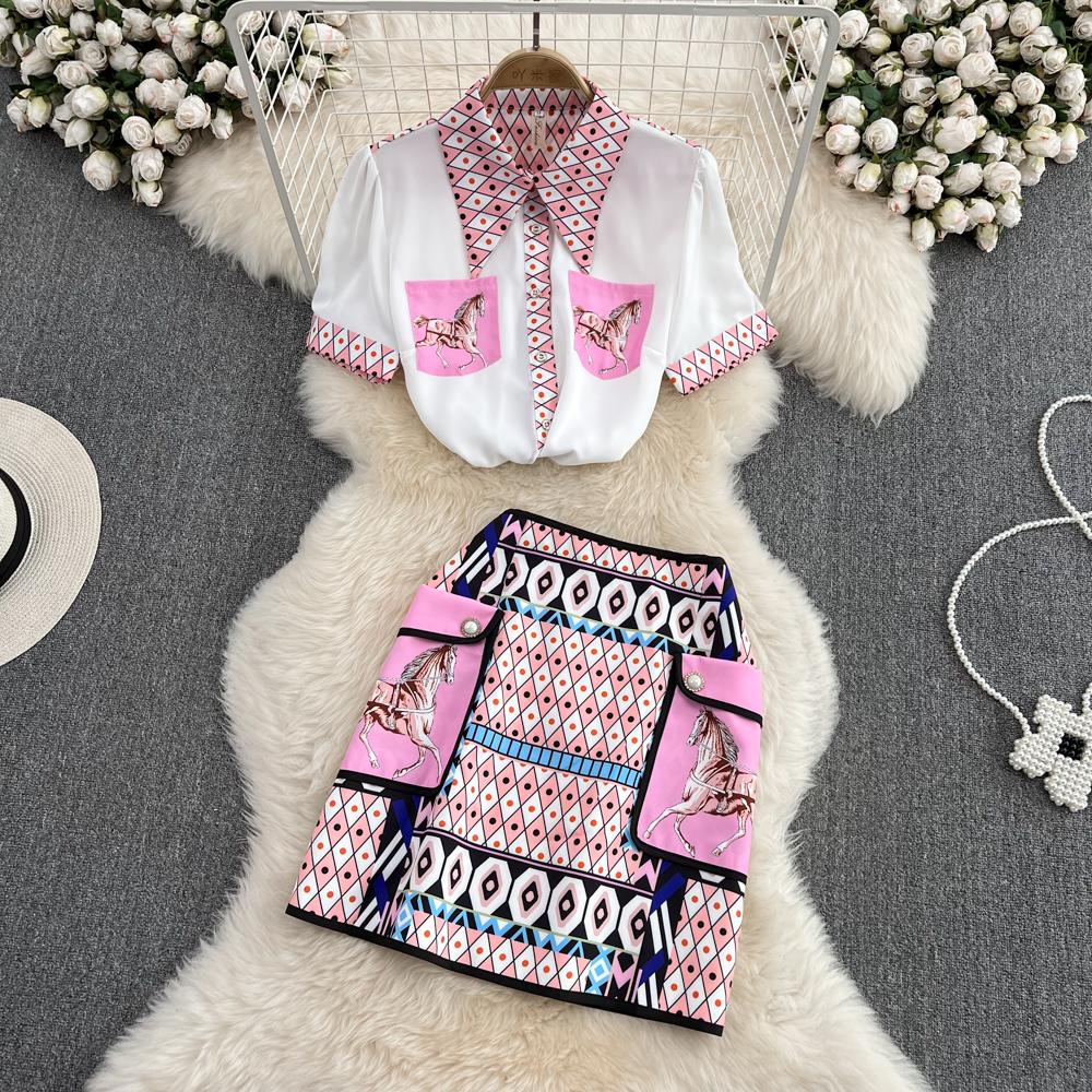 

Женская новая мода, летняя дизайнерская одежда с принтом для подиума, рубашка с короткими рукавами с лацканами, топ и тонкая облегающая карманная юбка-карандаш, комплект из двух предметов