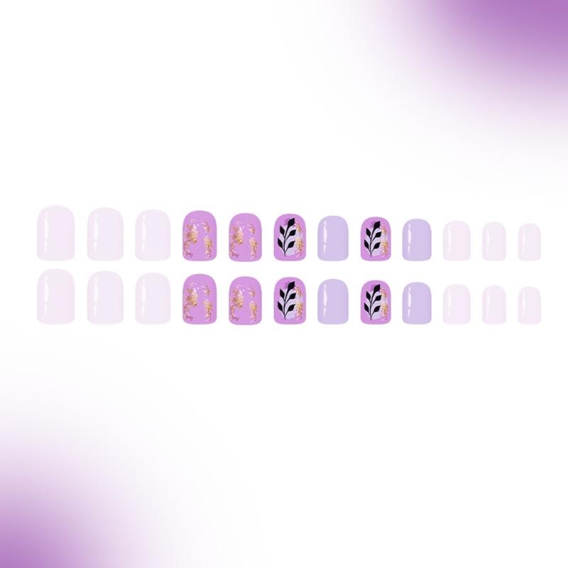 Glitterys Short False Nail 24Pcs Winter Collection Purple Gold Leaf Design Easy Application ABS Material Holiday Nail Art