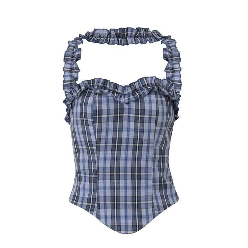 

American Sweet Cool Style Retro Gingham Wooden Ear Halter Spaghetti Straps Vest Flower Strap Wide-Leg Straight Trousers Suit Blue Tops S