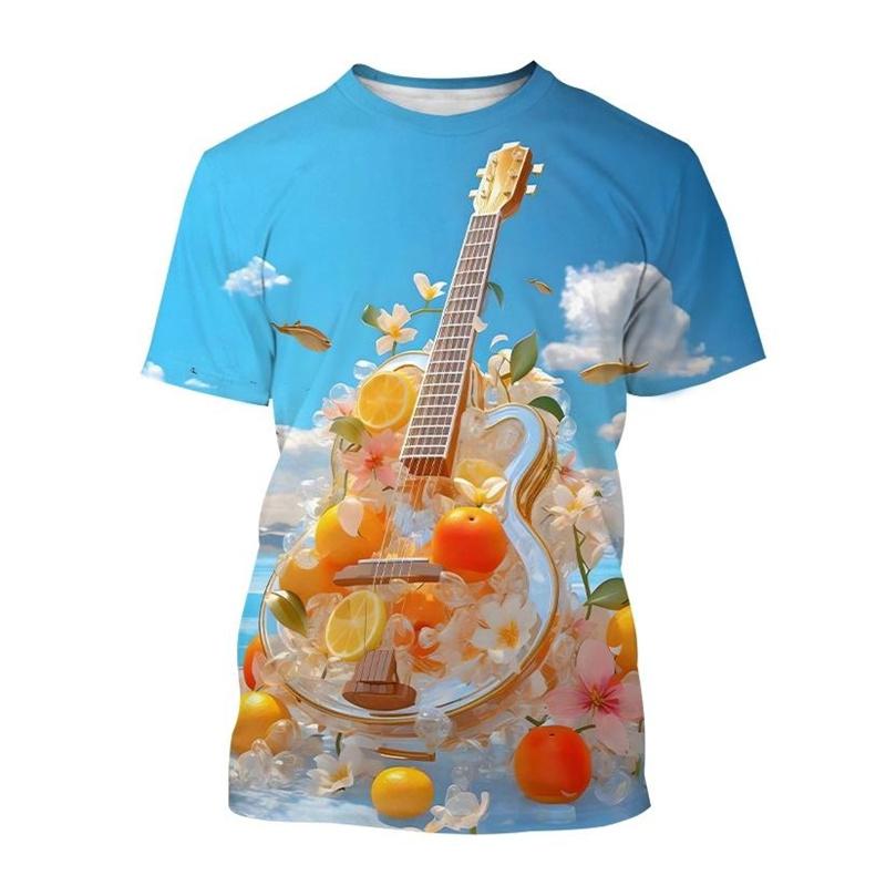 Camiseta con estampado 3D de arte de guitarra creativa, patrón de instrumento musical, camiseta de manga corta con cuello redondo para hombres, camisetas casuales