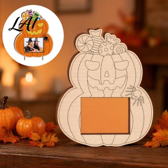 Unfinished Wood Pumpkin Decor DIY Photo Frame Wooden Halloween Picture Frame for Kids Crafts Party Activity Kit Hollow Tabletop Display Holiday Gift