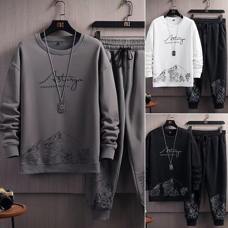 Men's Autumn Fashion Two-Piece: Snow Mountain Thin Imitation Cotton Long Sleeve Sweater & Round Neck Pullover