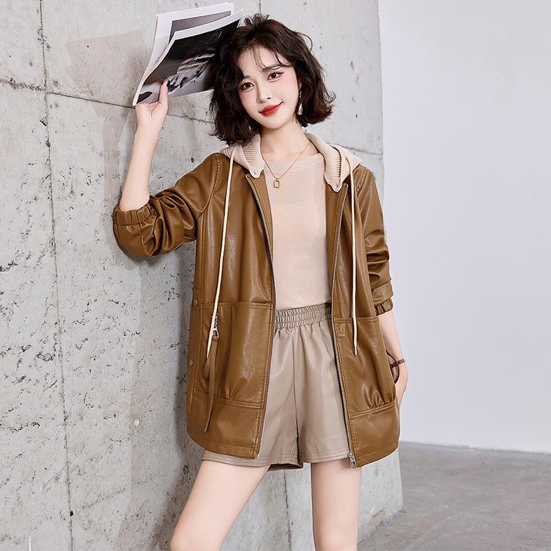 2024 Autumn Women's Fashion Detachable Hooded Knitted Leather Jacket WA8602