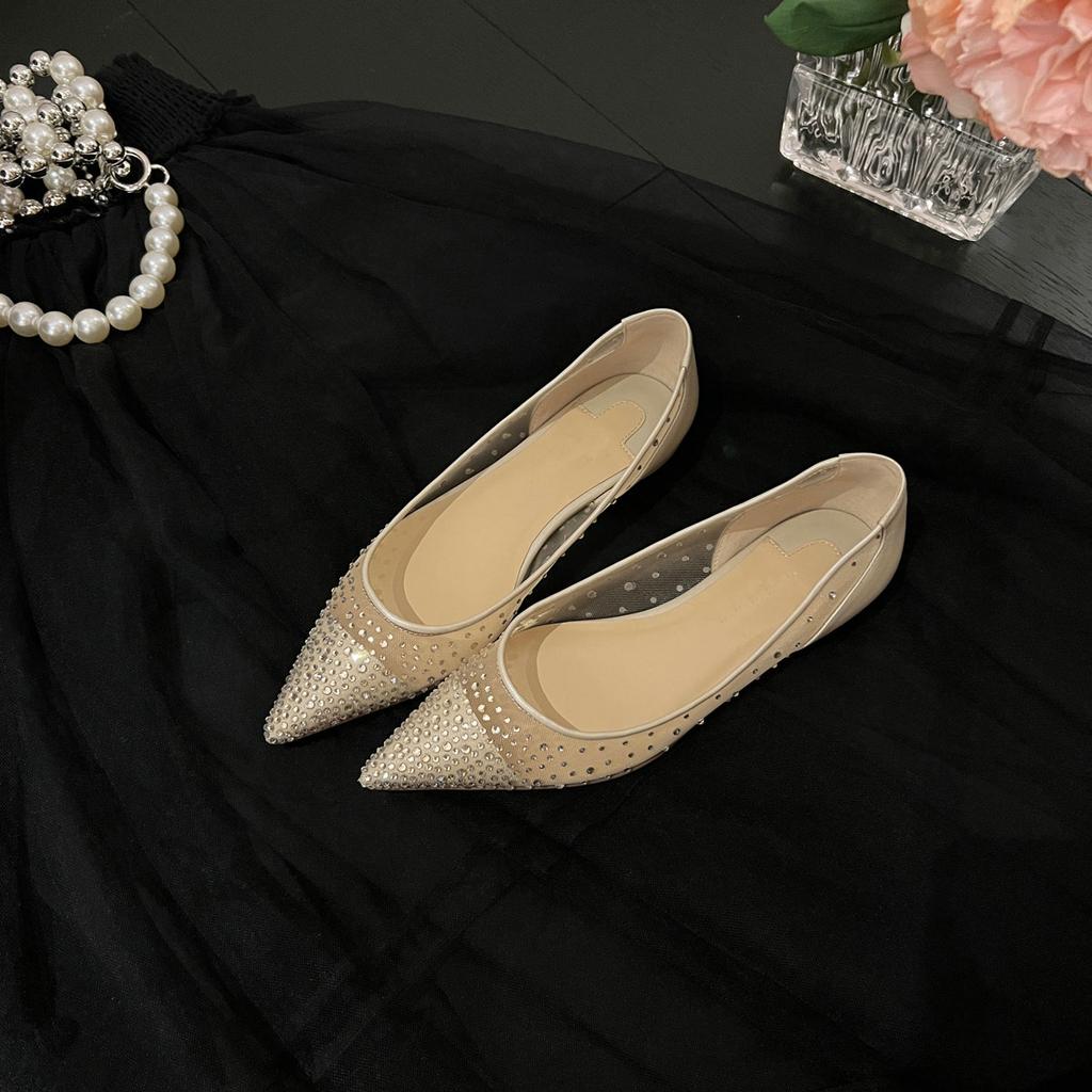 Fashion Summer 2025 Breathable Mesh Rhinestone Flat Shoes, Pointed Sandals, Women'S Soft-Soled Perforated Single Shoes