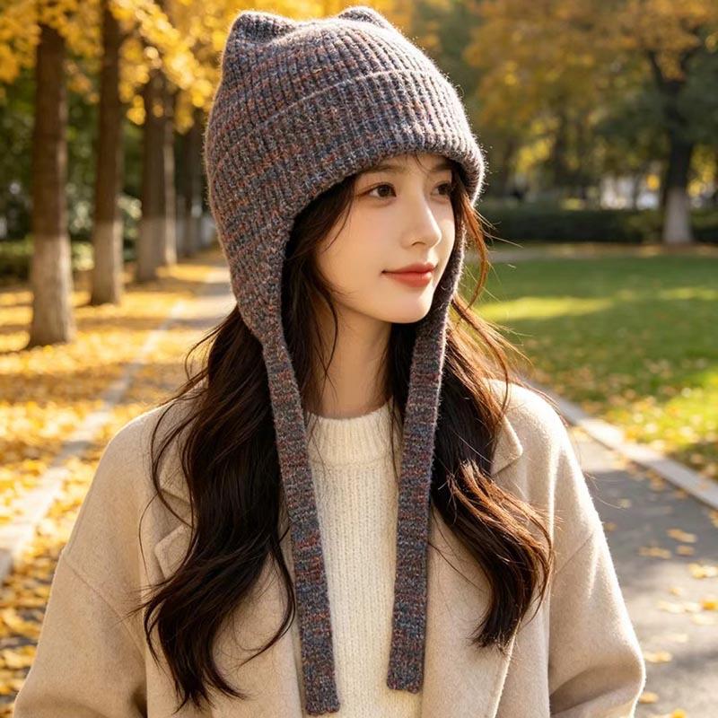 Cute cat ear knitted ear protection hat women's autumn and winter lace-up wool hat soft waxy warm cold hat versatile headhat